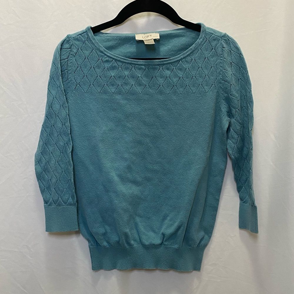 LOFT muted teal 3/4 length sleeve sweater with beautiful knit detailing size XSP